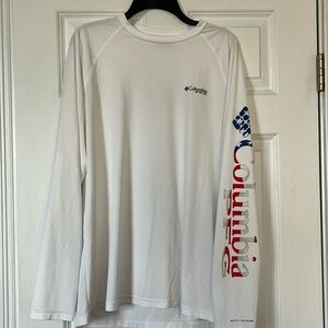 Mens Columbia PFG white long sleeve shirt,  size M,  red/blue printing on arm
